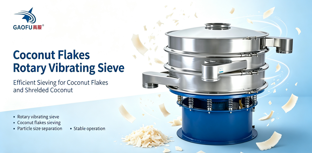 Gaofu Coconut Flakes Rotary Vibrating Sieve Screening Process Introduction – Separating Coconut Flakes Fines and Hard Lumps to Achieve Particle Size Grading